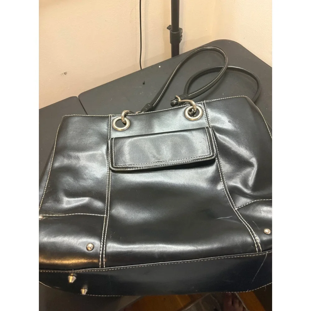 Wilsons Leather Black Tote Bag White Contrast Stitch Shoulder Bag Silver Hardwar